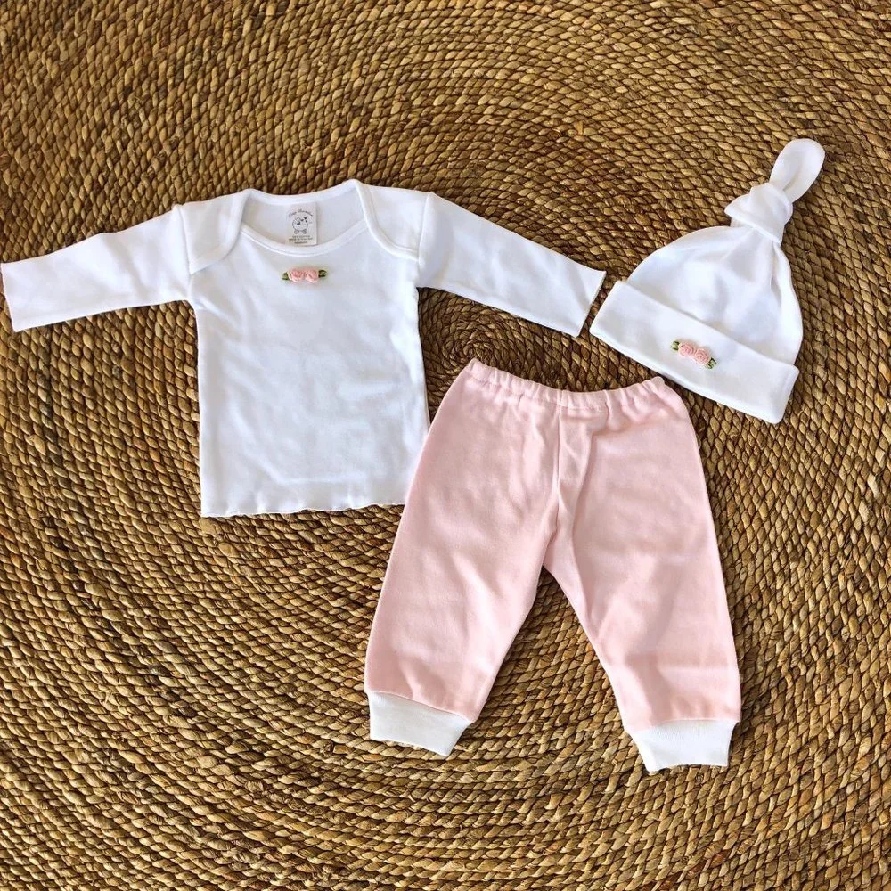 New 6 Mo Tiny‎ Bundles 3Pc Pink Rosebuds Hat T-shirt Pants Infant Baby Roses